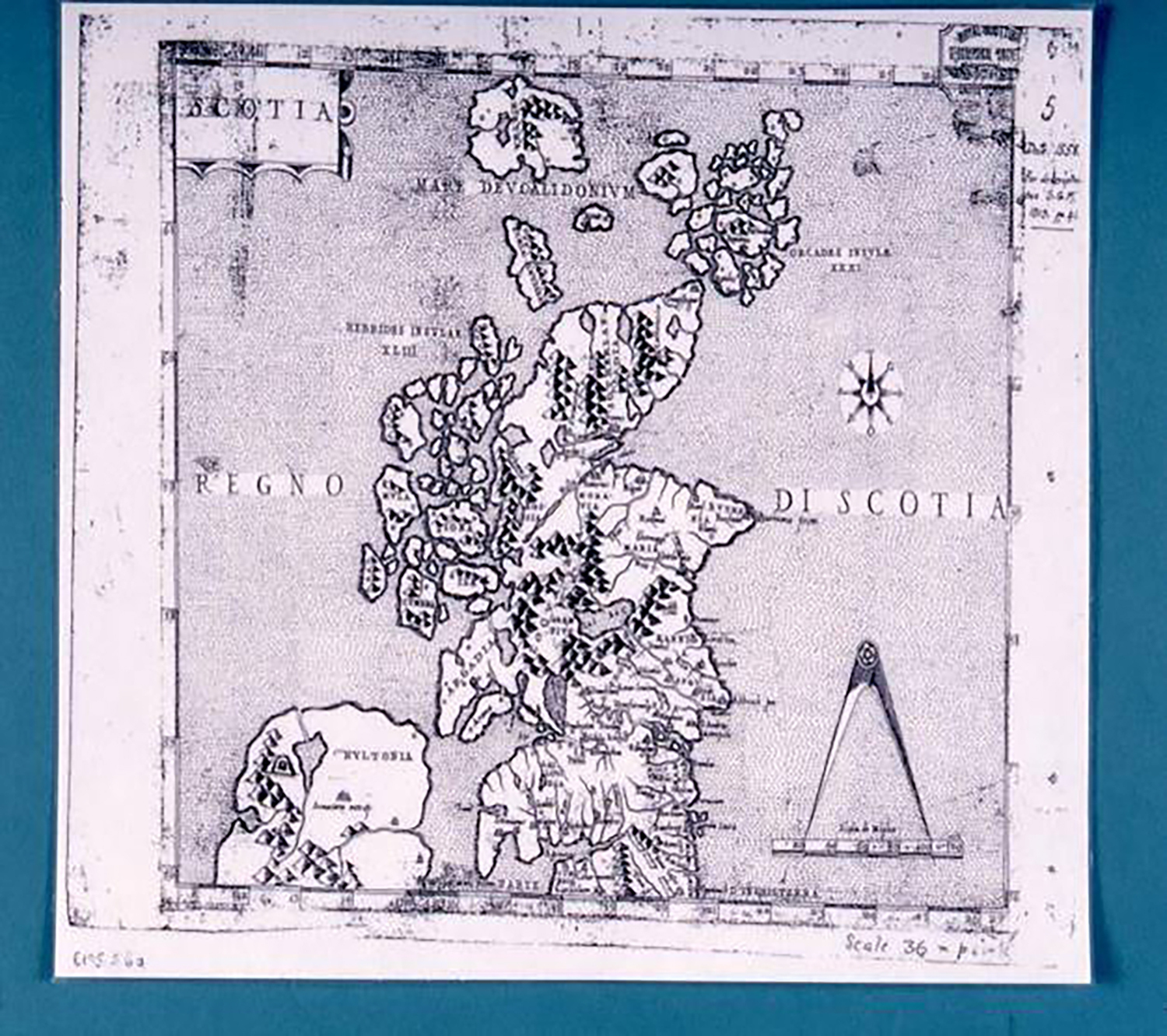 Fig. 1: A 35mm slide of a map of Scotland believed to have been presented to Mary, Queen of Scots in 1558. Hirta is at the very top of the map © National Trust for Scotland, St Kilda