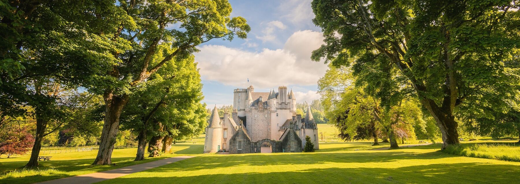 Looking down at Castle Fraser on a sunny day from the surrounding parkland. Tall beech trees run either side of a grass avenue towards the castle.