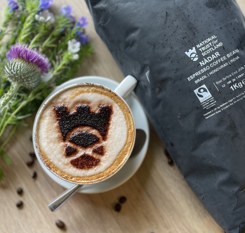 A cup of coffee with a shield logo made from cocoa powder on top of the foam. A black bag of coffee lies next to the cup, and a dried thistle is behind it.