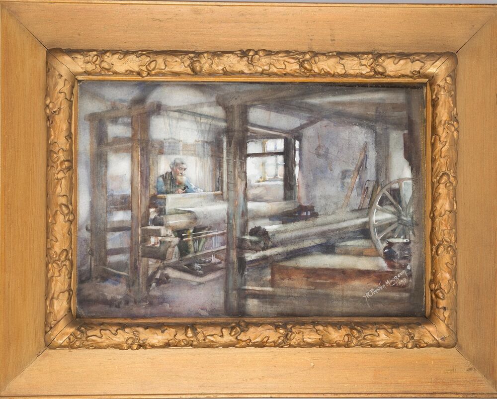 A watercolour of a man sitting at a large wooden loom, weaving cloth. The painting is framed in a chunky gilt frame.
