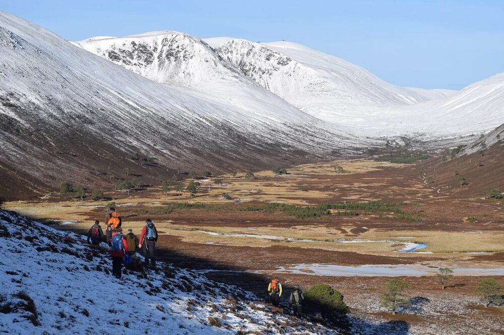 A group of walkers make their way down a snow-covered hillside towards a wide glen. A frozen-looking river snakes through the glen, where there are also pockets of pine woodland in the distance. Tall snow-covered mountains rise in the background, against a blue sky.