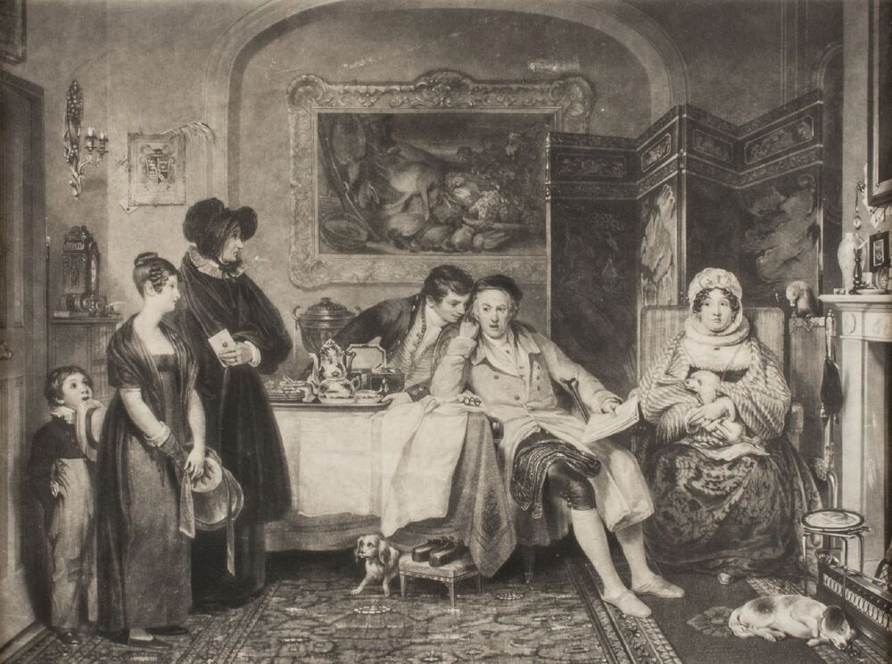 A black and white print of an oil painting, which features a woman with her two children visiting the home of their more wealthy relatives. The home owners lounge in chairs at the dining table, where tea is being poured by a young man. The visitors stand rather awkwardly at the door.