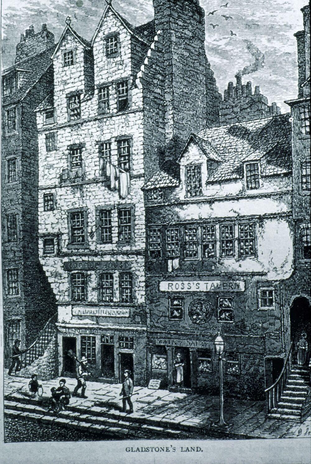 A black and white line drawing of an Old Town tenement in Edinburgh. It has six storeys above the street. Beside it stands a 4-storey building named Ross's Tavern. Several men walk along the pavement in front, or sit on the stone steps.