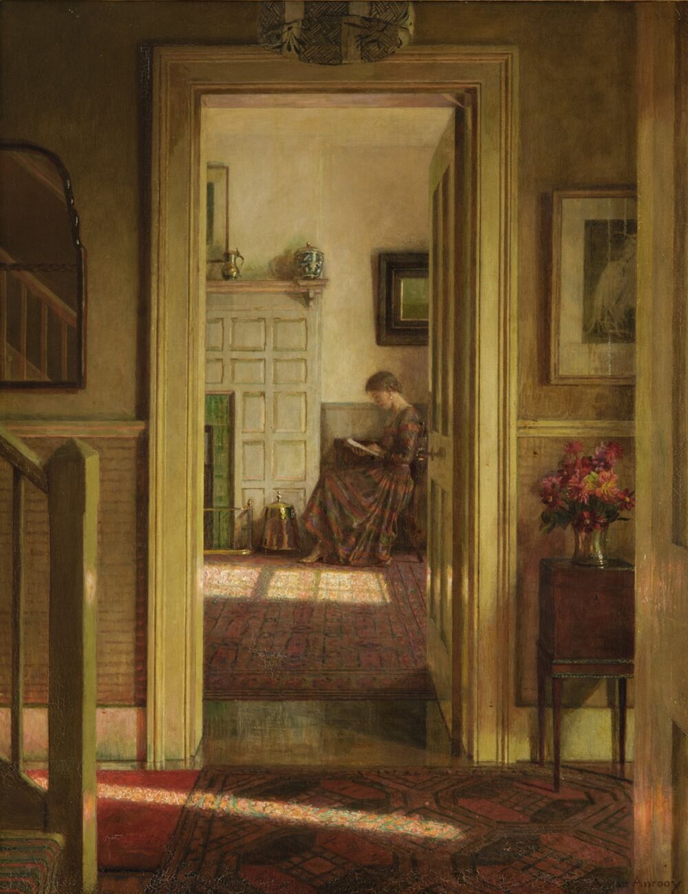 An oil painting of a young woman shown immersed in a book. She is sitting by a fireplace, and is viewed through an open doorway from across a hall.