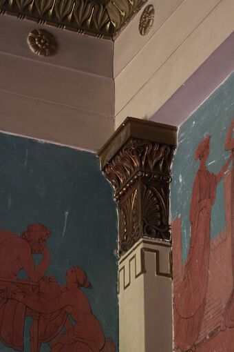 Painted friezes depicting scenes from The Iliad in the dining room