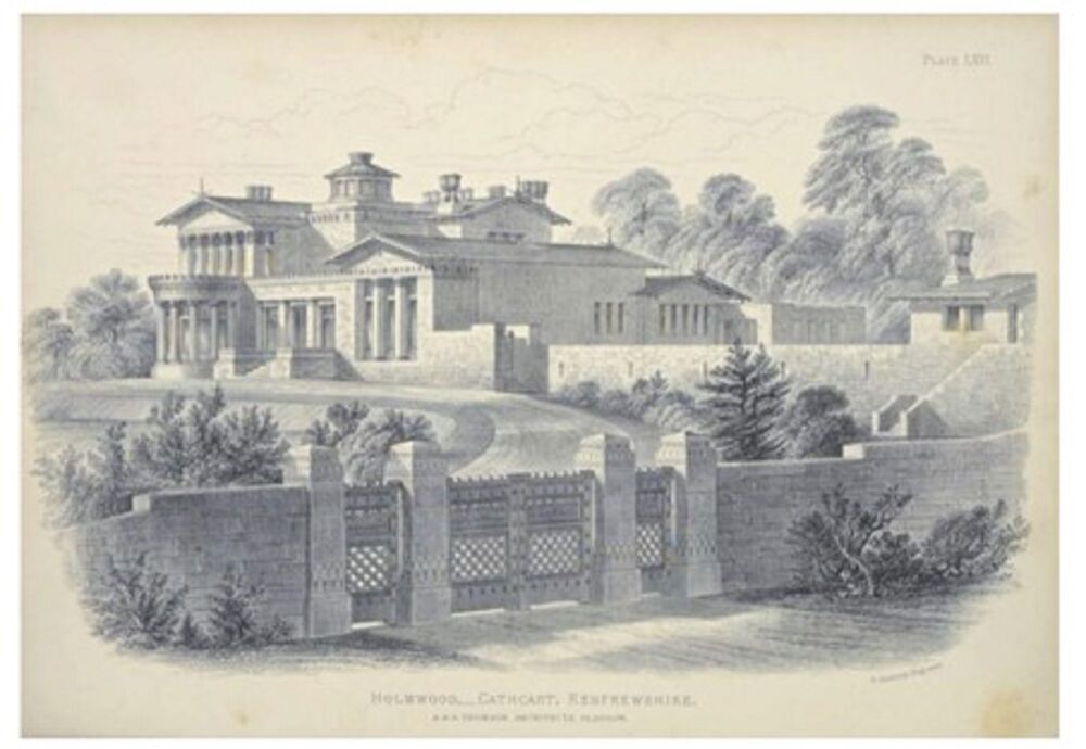 A black and white illustration of Holmwood, seen from the road outside the entrance gate and looking up the sweeping drive.