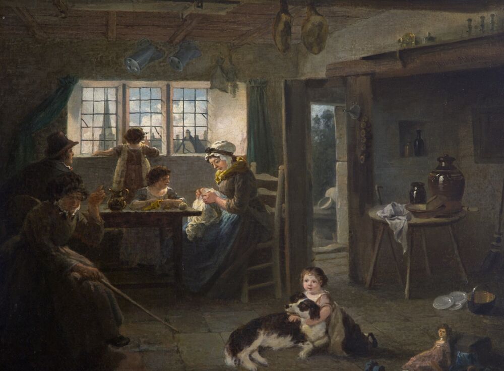 An oil painting of a family group going about their day-to-day activities in a fairly humble Georgian kitchen with a flagstone floor.  The mother sits at the table sewing, watched by her daughter. The father sits at the table, looking out the window, as does a young child. In the foreground, an older woman points her cane at a young girl sitting on the floor, cuddling a collie dog.
