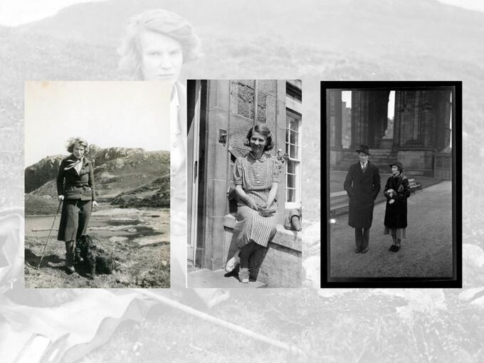 Three black and white photographs of a woman in South Uist, Canna and Edinburgh, superimposed on a grey tone of another black and white photograph showing the same woman.