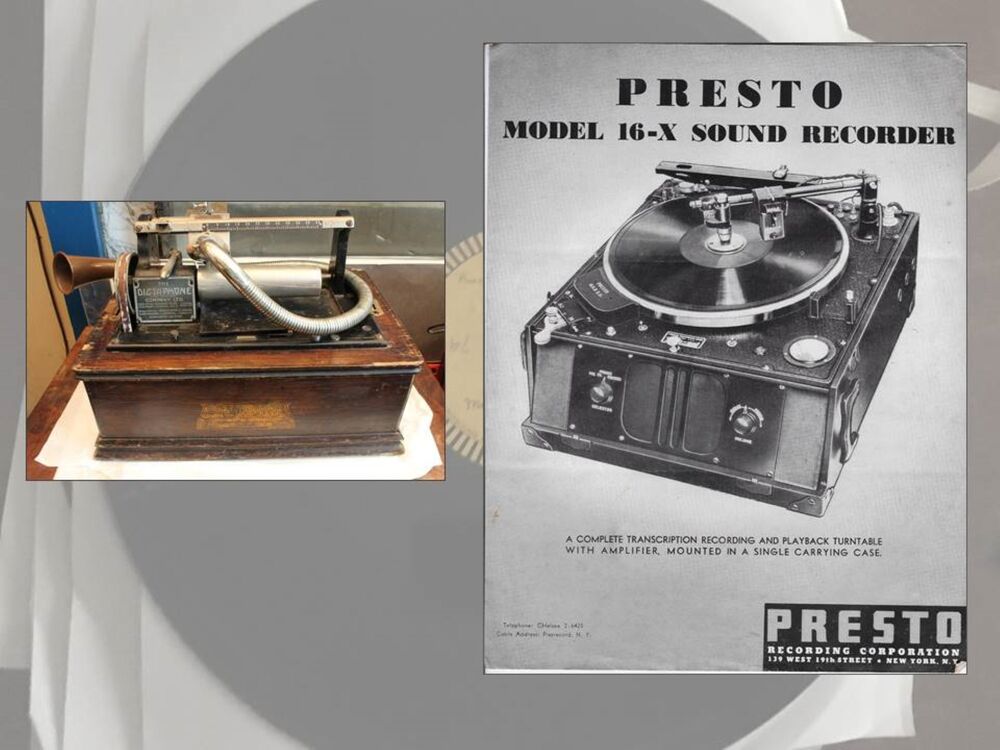 Black and white photograph of a Presto sound recorder. The photo is superimposed on another photograph showing other recording equipment.