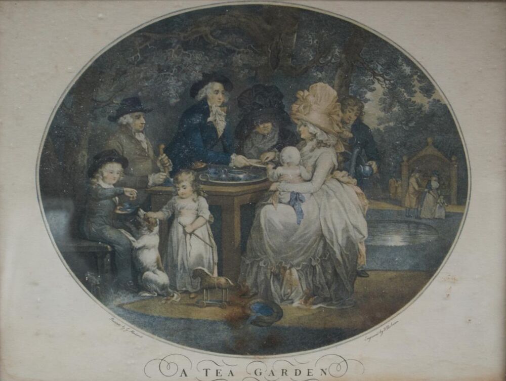 A coloured print depicting a family in 18th-century dress indulging in the sociable and fashionable pastime for taking tea.