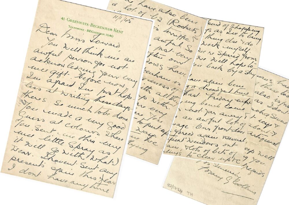 The image shows four sheets of handwritten letter pages, arranged to slightly overlap each other. The first sheet has a typed address at the top, in green. The letter reads: 11/1/45. Dear Miss Toward, You will think me an awful person for not acknowledging your very nice gift before now. I am afraid I am just hopeless at writing these days. There's so much to be done. You made a very good guess at colours where you sent me this bag and little spray as it will go with what I wear. I haven't sent any presents again this year. I haven't any time ...