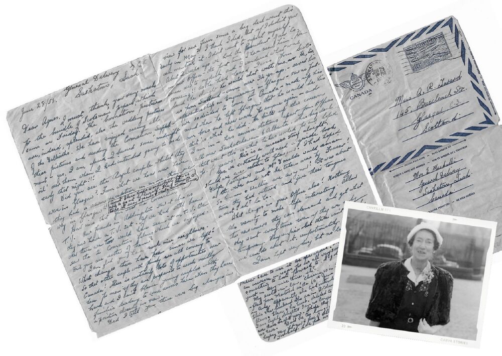 The image shows two pages of a handwritten letter and a photograph of Miss Toward from the 1950s. The letter reads: June 28/53. Dear Agnes, I must thank you very much for the bundle of Scotsman papers, which came on Friday. The coronation pictures are, indeed, splendid, also the wedding pictures of the Dalkeiths. We have enjoyed seeing all these pictures and reading the Coronation supplement - yes I am afraid I burned some 'midnight oil' over them when I had intended going to bed early that night!!! Did you see the Royal Couple whilst they were in Glasgow? From what we hear over here they had a warm reception in more than one way in Glasgow! (Aunt Elsie keeps wonderfully fit - is able to go out by herself. She knows to take it easy and reads lots between times.) How nice that you saw the Coronation on tv. Our friends in Uddingston also saw it as they now have a tv set. If we had still been over there we too would have seen it on tv. We saw the 2 Coronation films which we enjoyed. Did you see either of them? I am glad you have such nice neighbours. What changes there have been since we left! So that other couple with family are all coming to Canada! There is certainly lots of opportunities over here for men if they are prepared to work really hard and I can't blame young couples with families deciding to come across here when they have a position already in view. Did I tell you there were big changes in view for our farm since a big deal went thro early in May? I think I did, but if I didn't you can mention it. I don't want to repeat myself. About 2 weeks ago we had the President of our Co. in our office - the first time I have seen him. He came over to my desk and I wondered what was coming!! As he had heard I was from Scotland he thought he would chat with me. Ho, too, is from Scotland - came over 34 years ago -  served his apprenticeship in Engineering in Glasgow - saw no fortune so decided to come to Canada - made up his mind when he left Glasgow that he would be his own boss and never work for anyone again - and that is what he did. He built up this concern I am in - has service stations apart from offices all over Sasketchewan & Alberta. This big deal that went thro is what he has worked for and hoped for for years. His is a success story alright. Yes, we certainly will need a guide book should we ever return to Glasgow. I had hoped Dalys, Pettigrews and McDonalds would remain as they were and not be taken over by Fraser! So Dunn & Wilkie are away now! It was about time they had retired and give their tongues a rest. eh? ha! What changes in your office also! Nothing like variety to make life interesting. Allow the newcomers they can demand and get what they want every time even if they are only temporary. Very unfair but there isn't much we can do about it unfortunately. I am kept very busy but no ...