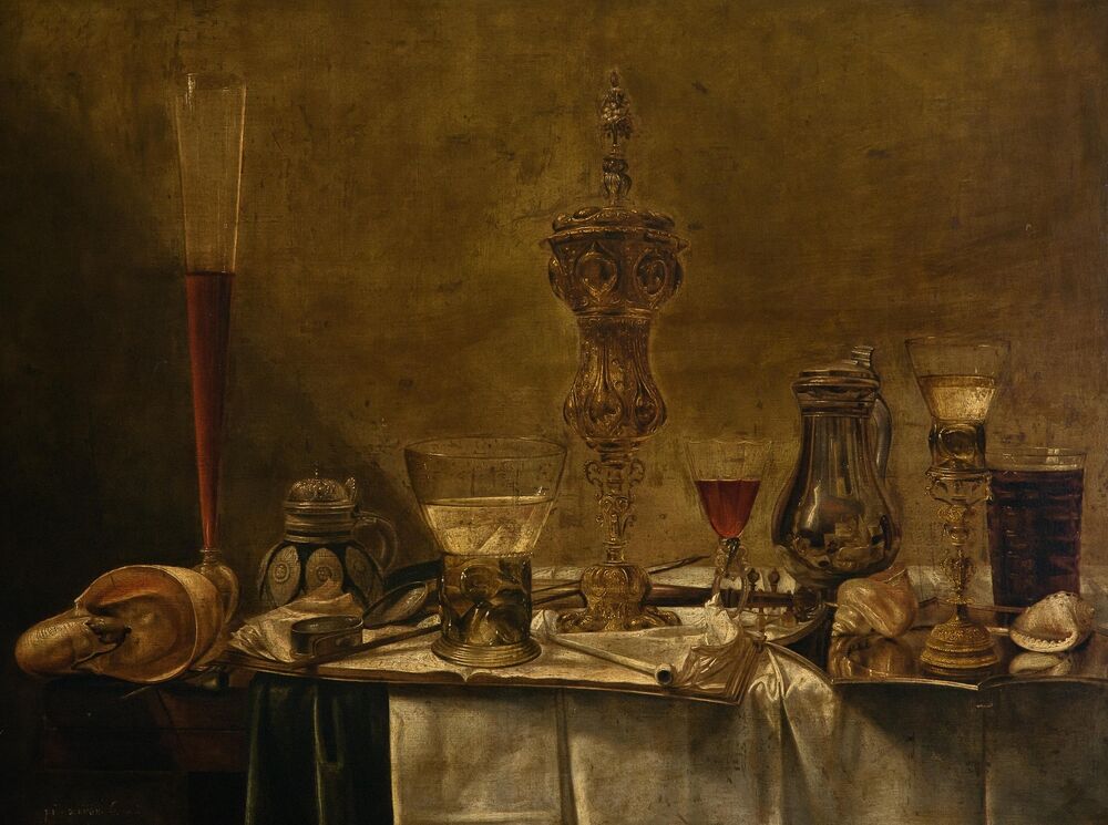 A still life oil painting of a table filled with a variety of quite elaborate drinking glasses. Most stand on silver trays upon a white linen cloth.