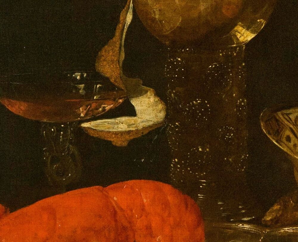 A close-up view of a detail of an oil painting, focusing on two drinking glasses, with a bright red lobster seen at the bottom. The glass on the right has a chunky stem, studded with berry-shaped blobs of glass. The glass on the left is more delicate, with a shallow bowl on top of an intricate stem.