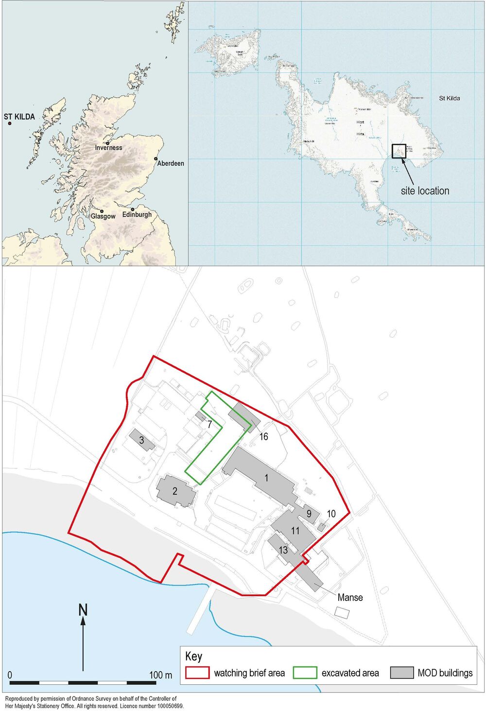 Three line drawings: in the top left Scotland is shown; top right the islands of St Kilda; the bottom illustration shows an area defined by a red line in which several buildings are numbered.