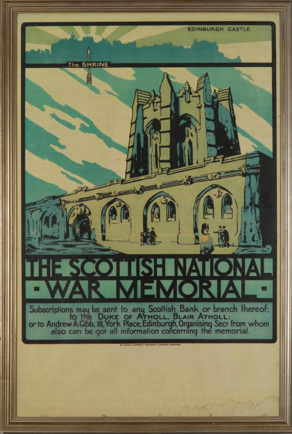 A poster designed to raise funding for the Scottish National War Memorial during the First World War depicts a prospecting image of the war memorial after construction. A tall circular building - like a castle tower - stands behind a long, low-lying building. The sky is painted with sweeping white and blue streaks while a stream of light hits the length of the buildings.