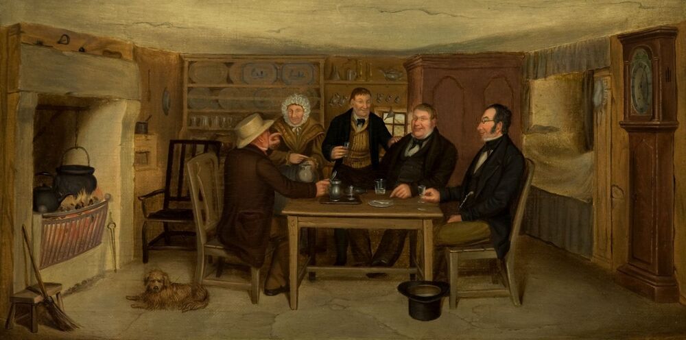 Three men sit round the table in Burns Cottage, served upon by an older man and woman. A box bed is in the far right of the image. The painting shows the low ceiling and the flagstone floor, making the painting feel quite compressed. A small dog lies by the fireplace on the left.