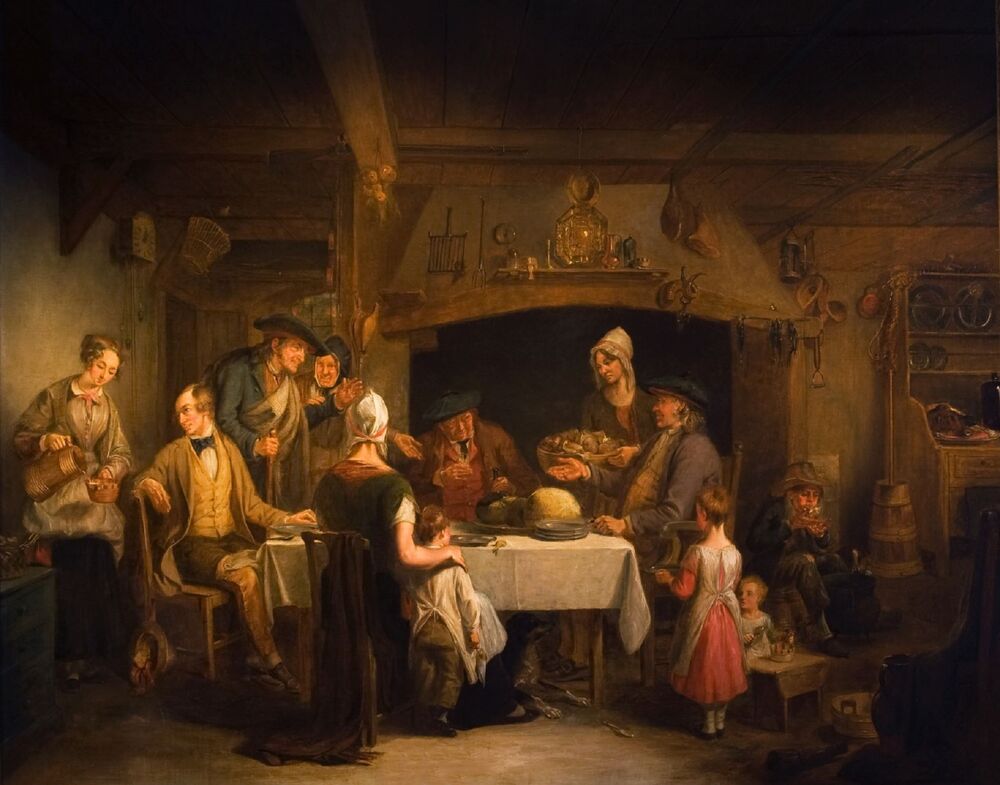 A group of people sit at or gather round a table laid for dinner in front of a fireplace in a cottage. Robert Burns sits at the head. A large plate of haggis dominates the table. Several small children sit on low stools or the floor around the edges of the painting.