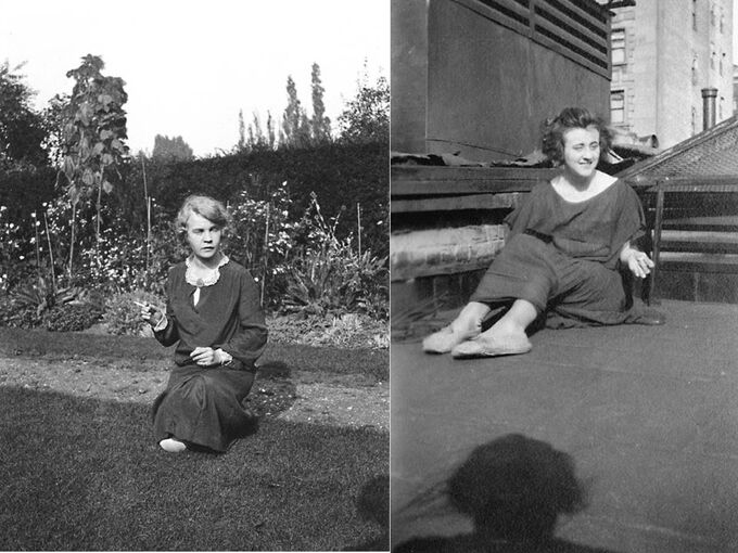 Two black and white photographs of young women are joined together. On the left a young woman kneels on the grass in a garden. She holds a cigarette out in one hand. To the right, a young woman sits with her legs out in front of her on a flat roof area of a tall building, in a city landscape.