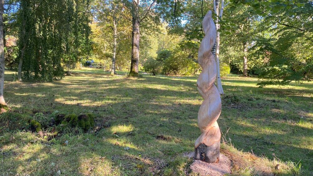 A wooden sculpture in the shape of a twisted cone in a natural setting in a woodland.