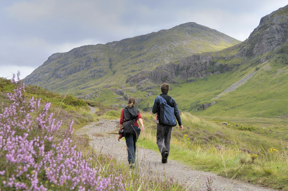 A couple walk along a path in Glencoe. Tall mountains rise to the right; purple heather covers the hillside to the left.