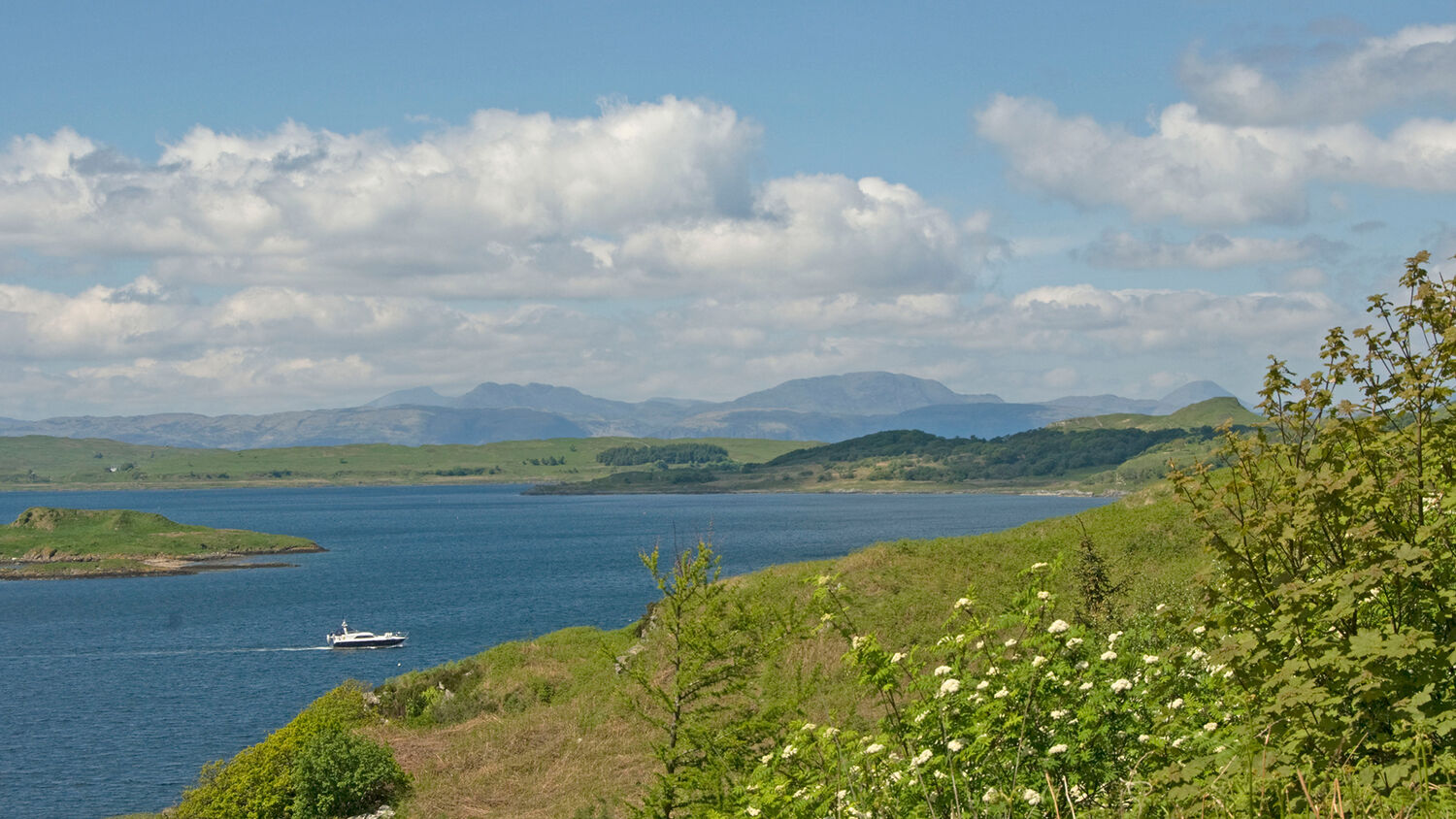 A sunny view over the Sound of Jura from Arduaine Garden