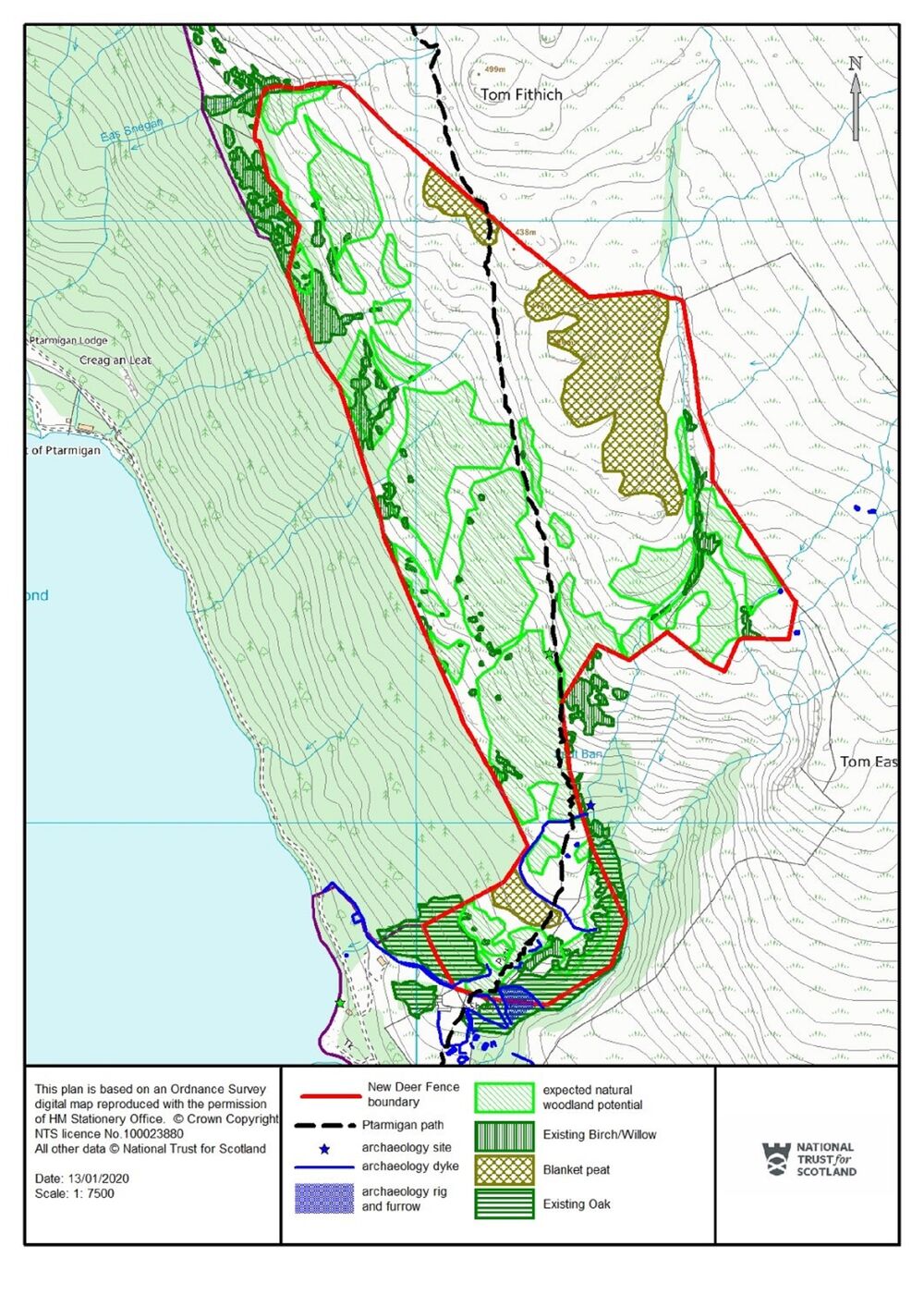 An OS map of the lower slopes of Ben Lomond, showing existing paths and deer fencing, as well as the projected area for natural woodland cover.