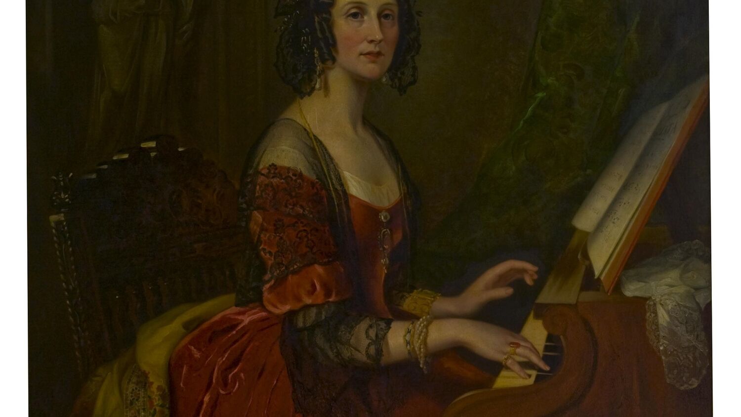 A portrait oil painting of a young woman sitting at a piano. She wears a silk red dress with a fitted bodice and wide skirt. Her hair is arranged in ringlets. Sheet music stands on the front of the piano.