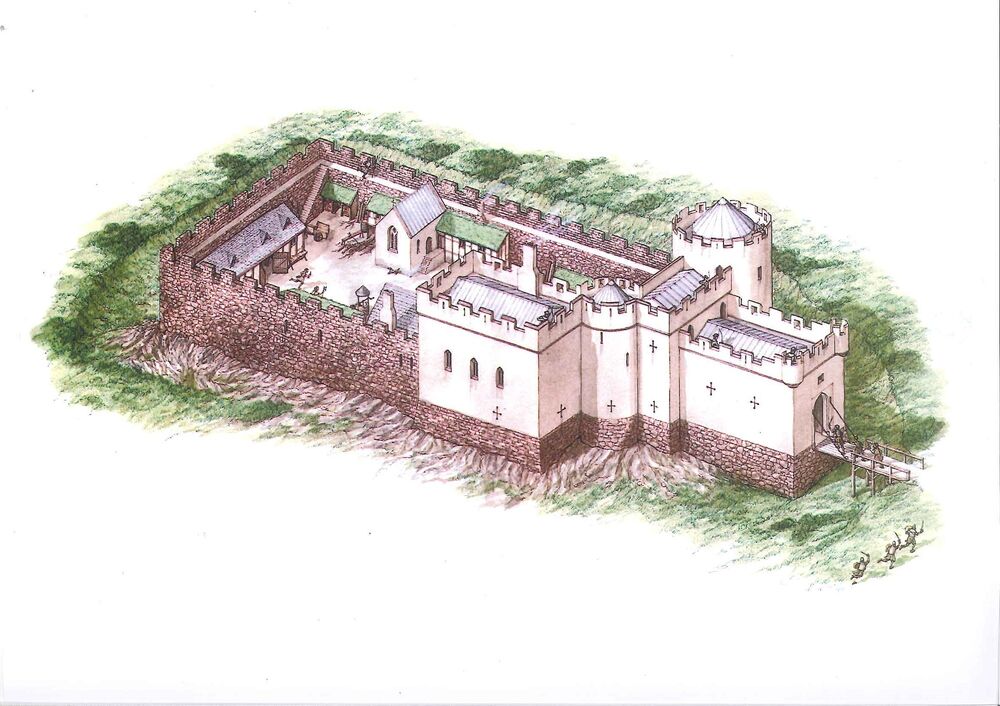 A coloured illustration of a large, defensive castle. There is a large surrounding wall and a drawbridge at the entrance.