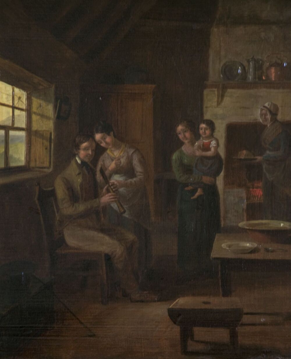 An oil painting of a young Georgian family standing in a fairly sparse kitchen, lit by a large window to the left. A young woman shows a young man how to play the chanter in front of the window. Further back in the room, by the fireplace, another young woman holds a small child in her arms. She is standing by a woman holding a plate with bread on it.