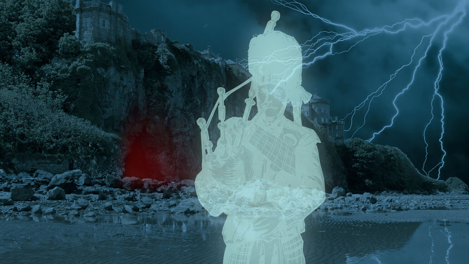 A ghosted image of a piper in full ceremonial dress is overlaid on a dark photo of Culzean beach, with lightning forking down from the sky.