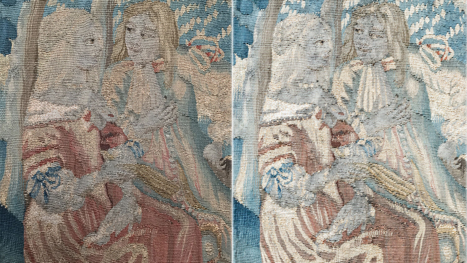 Detail in a tapestry showing two lovers in a forest, before and after cleaning