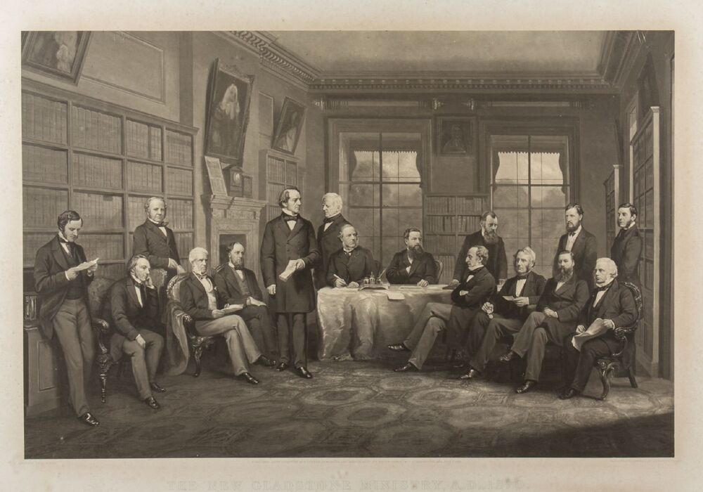 A black and white line drawing of William Gladstone's cabinet, all in a row, in a Victorian library. Most are sitting by a long table, but a few stand behind. Gladstone himself stands in the middle of the picture.