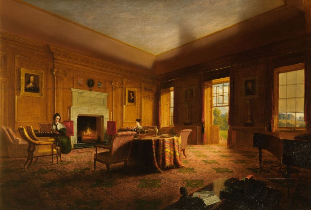 An oil painting of a very grand drawing room, suffused with a golden light. Two young women sit in different areas: one reading, the other sewing. A door to the garden is open.