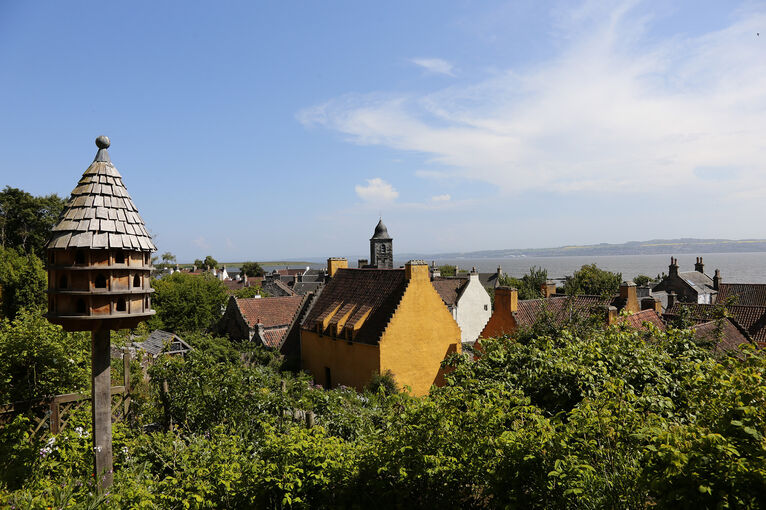 A view from the garden across the town of Culross and the Firth of Forth