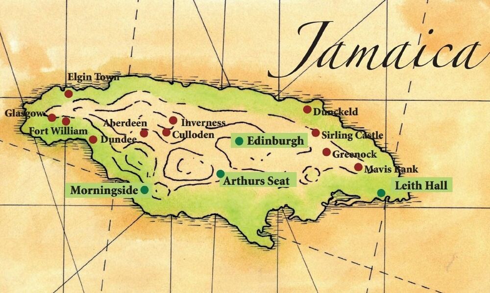 A simple map of the island of Jamaica, with various places labelled. All the place names have a Scottish connection.