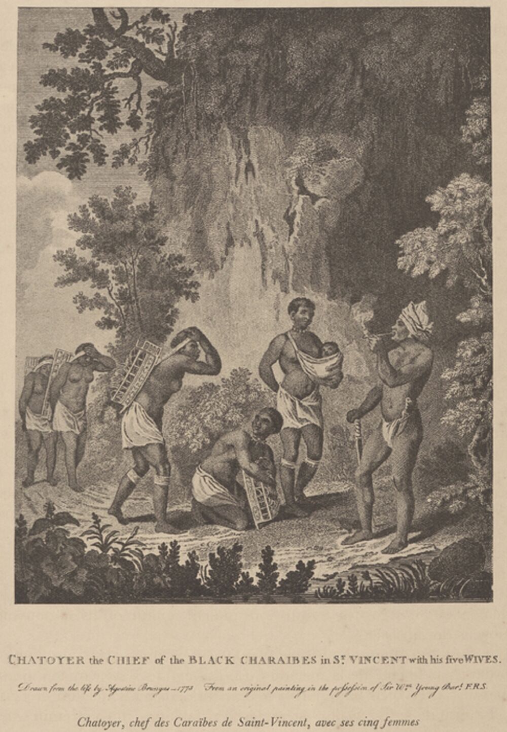 A black and white engraving of a group of people standing beneath a tall cliff in woodland. A man stands to the right, smoking a long pipe. Five women approach him, one kneeling. All but one carry baskets on their backs. The fifth carries a baby in a sling.