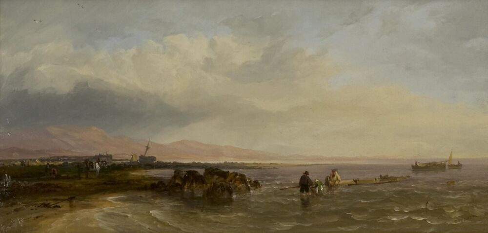 An oil painting showing two people wading in the sea, with some fishing boats a little further out. Hills can be seen on the other side of the bay.