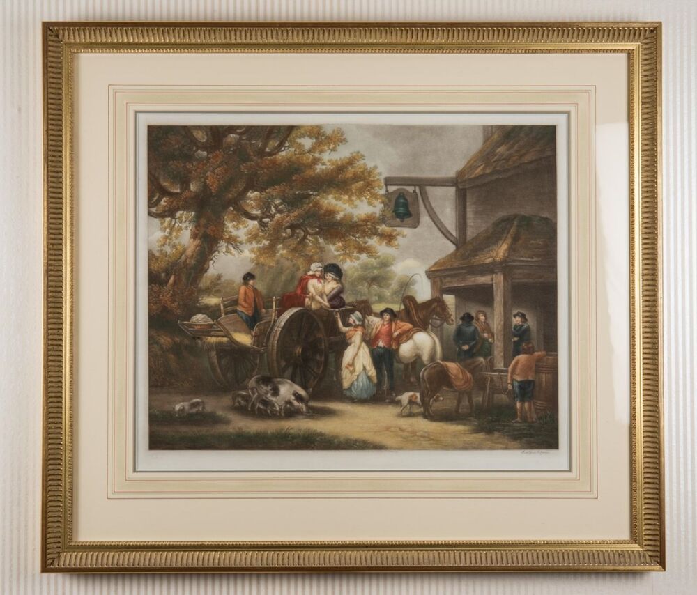 A painting of a horse and wagon, waiting outside an inn. Several people sit in the wagon or mill around beside it, as well as some farm animals. The print is framed in a narrow gold frame and is hung on some striped wallpaper.