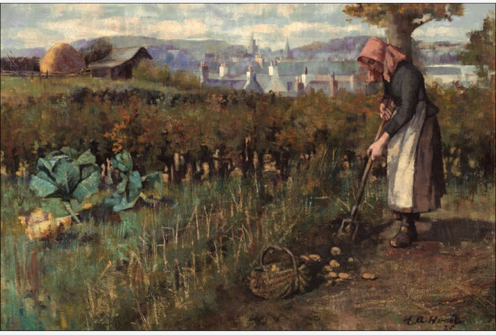 An oil painting of a young woman using a hoe to harvest potatoes from a field with rows of vegetable crops in. In the distance, the spires and rooftops of a small town can be seen.