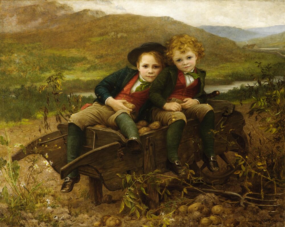 An oil painting of two young boys sitting in a wheelbarrow filled with potatoes. They are smartly dressed in velvet jackets and smart shoes. The background is a romantic Highland setting.