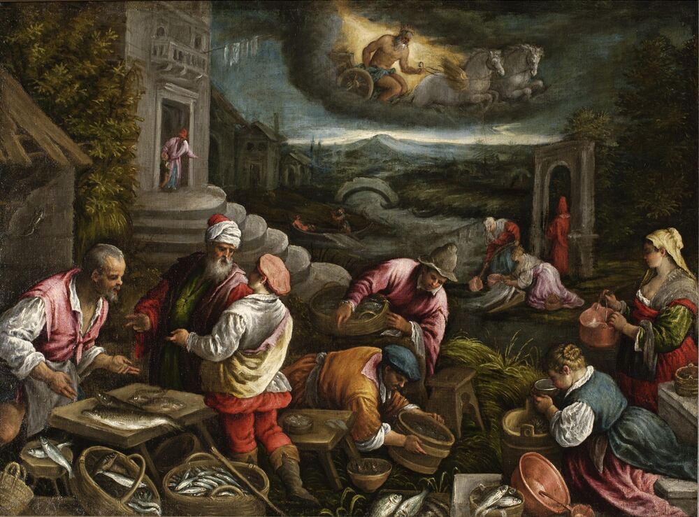 A classical-style oil painting showing men and women examining creels of fish at a market. Zeus is in a chariot in the sky, pulled by two horses.