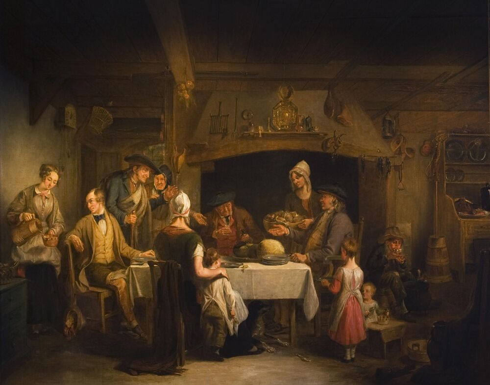 An oil painting showing Robert Burns sitting at the head of the table, surrounded by family and friends, about to begin a haggis supper. Young children stand around the table, which is set before the fire in a cottage-type room.