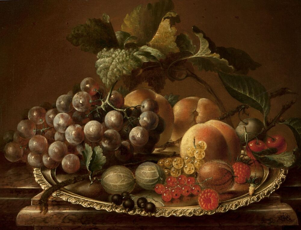 An oil still life painting of a large silver platter, filled with an abundance of fruit. Grapes, gooseberries, redcurrants, blackcurrants, raspberries, cherries, peaches and plums can all be seen.