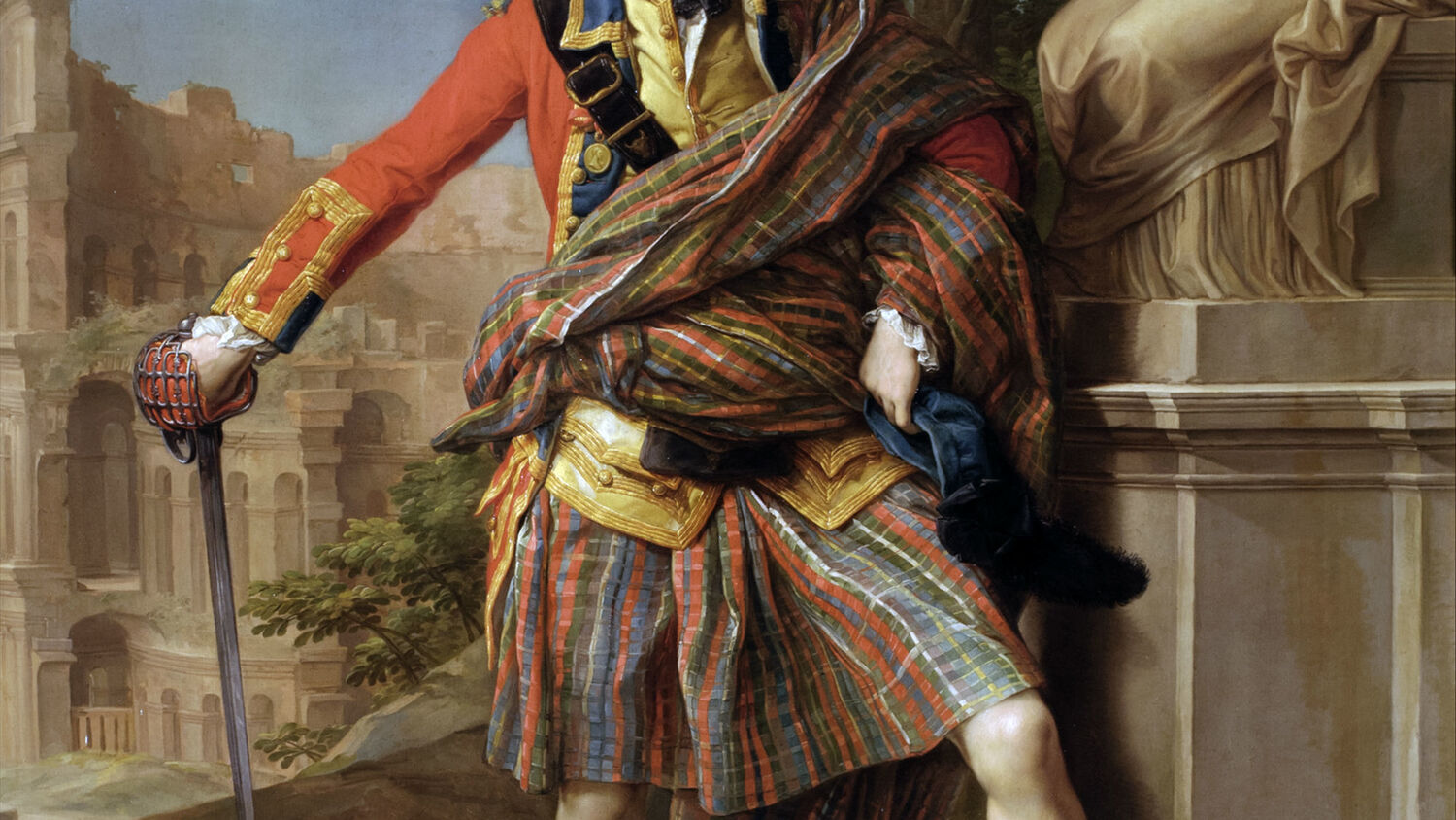 The portrait of Colonel William Gordon, painted by Pompeo Batoni in 1766. The tartan-clad Gordon stands with one hand on his hip, the other resting on his sword. There is a classical background.
