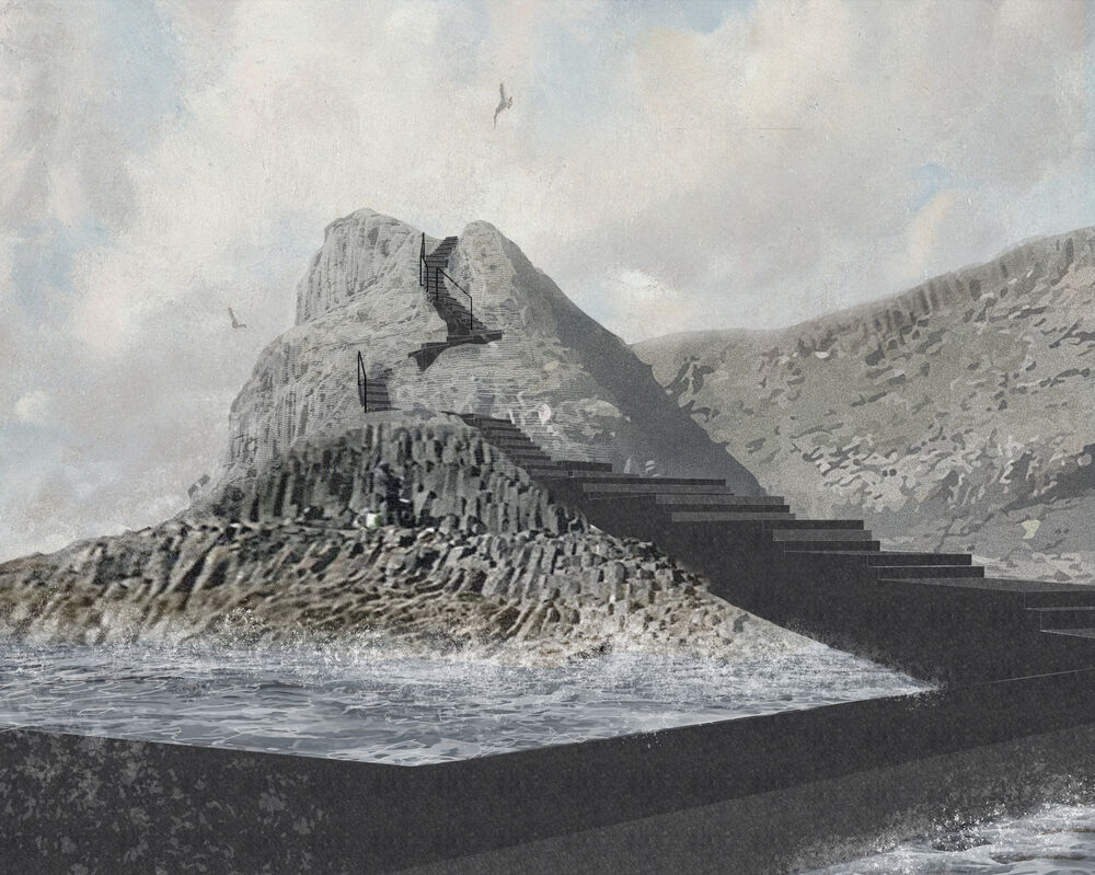 An artist's impression of proposed changes to infrastructure on the island of Staffa, showing a set of stone steps leading towards some cliffs.