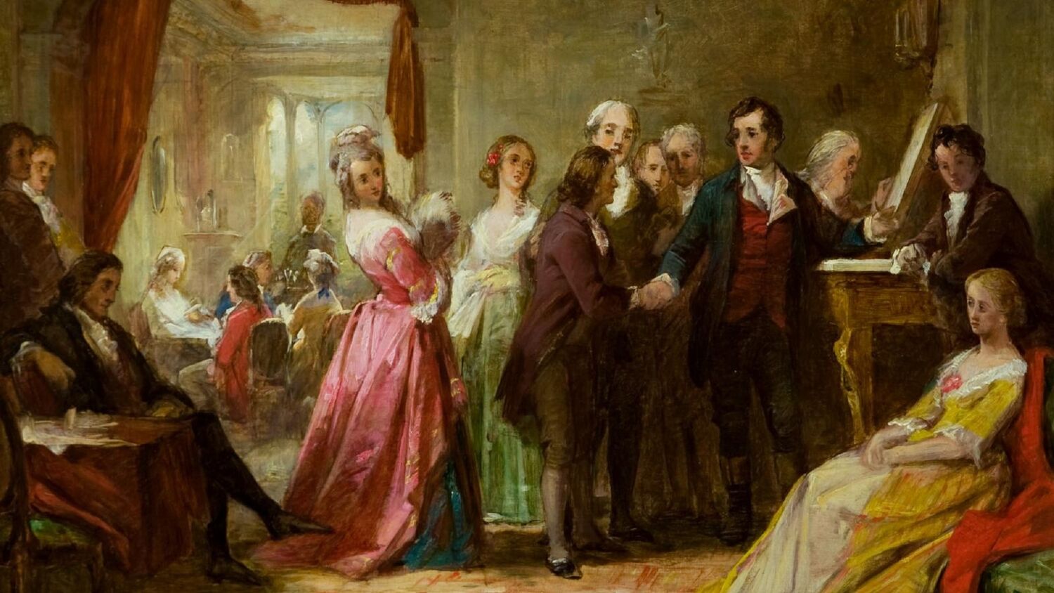 An oil painting of Robert Burns standing in a 'traditional' Georgian drawing room, surrounded by a small audience of well-dressed men and women. In the foreground a young woman sits on a sofa, looking rather bored.