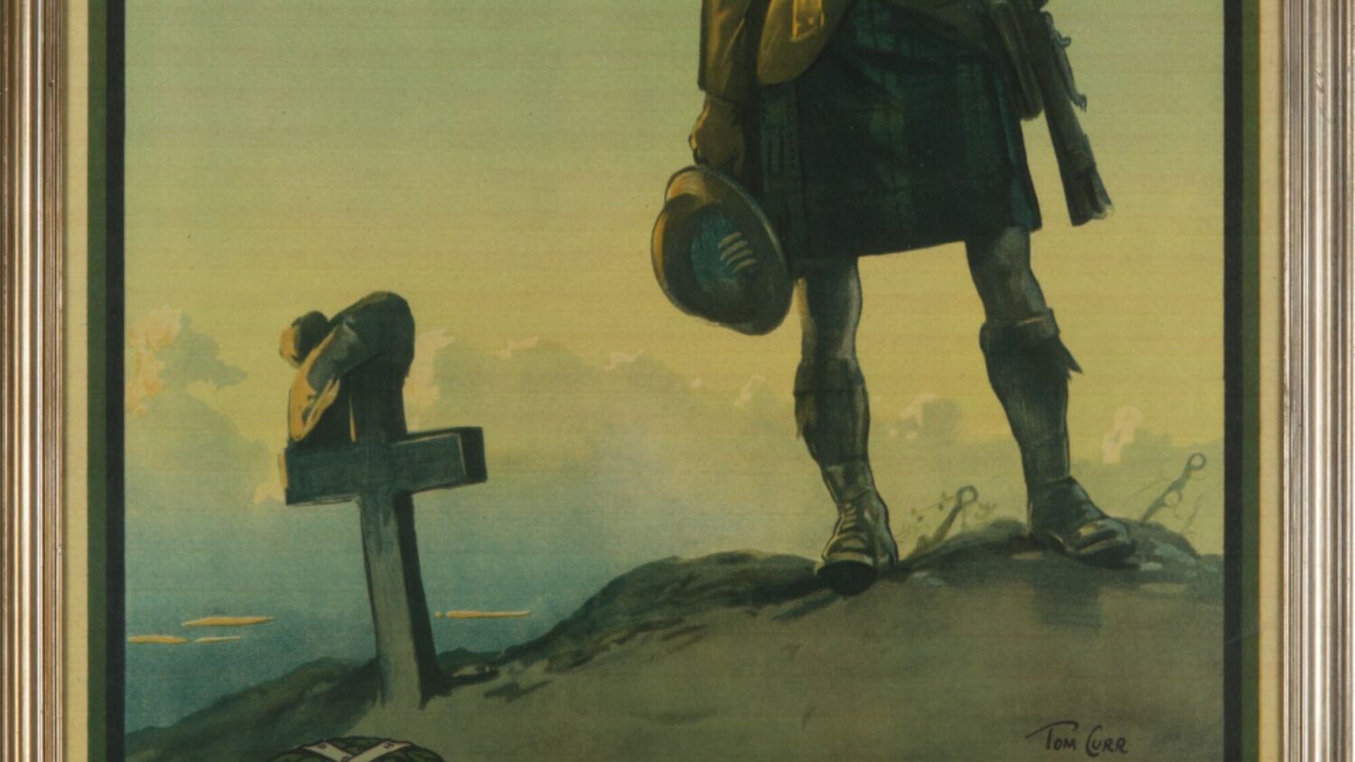 A poster designed to raise funding for the Scottish National War Memorial during the First World War shows a Scottish soldier in traditional kilt dress standing over a stone cross, marking the grave site of a fallen comrade. A rifle is positioned over his left shoulder and he holds a Brodie helmet by his right-hand side. The cross is marked with a tammy hat – a traditional flat bonnet worn in Scotland.