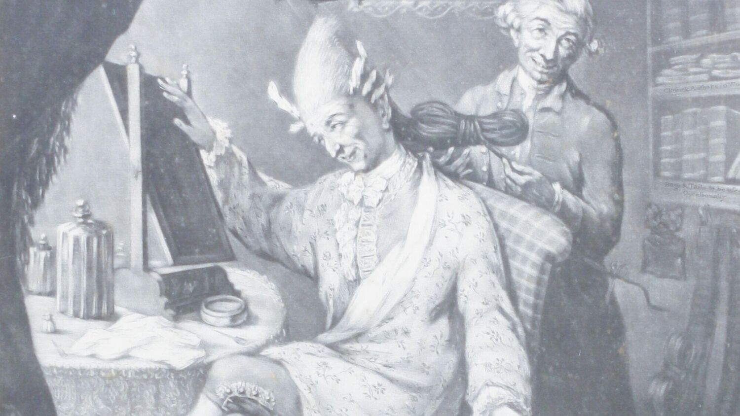 Black and white caricature of a man in a large white wig seated at a table, being attended to by a servant.