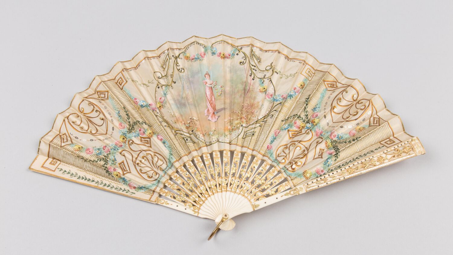 Victorian Painted Silk Ostrich Feather Fan